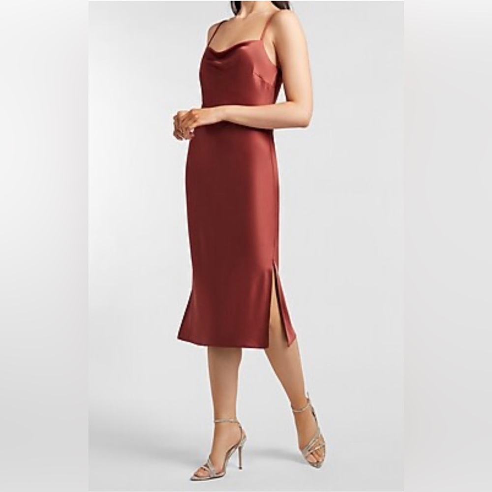 Express Satin Cowl Neck Midi Slip Dress | XS | Rust
